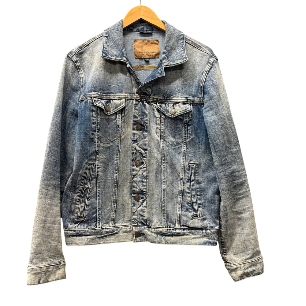 American Eagle Denim Jacket Mens Medium Extreme Flex 4 Blue Trucker Faded Wash